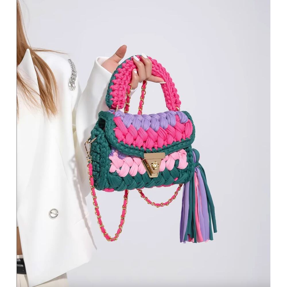 Women Rainbow Woven Crochet Top Handle Crossbody Bag with Removable Strap